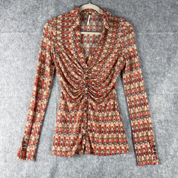 Free People Lucky Shirt Womens XS Canyon Combo Mesh Sheer Ruched Boho Indie - Picture 1 of 16